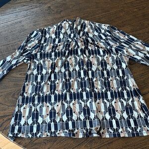 Alfani Geometric Mock-Neck Long Sleeve Top in Navy, Beige & White